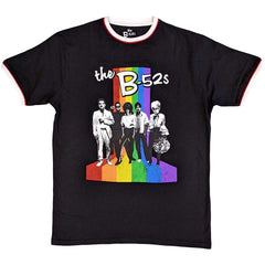 B52s Unisex Ringer T-Shirt Rainbow Stripes - Black