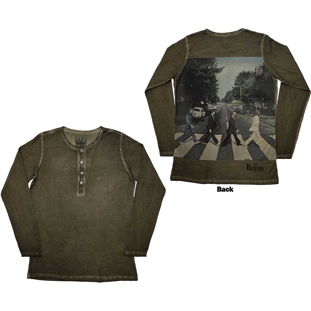 The Beatles Unisex Long Sleeve T-Shirt Abbey Road Back Print Stone Wash - Khaki Green
