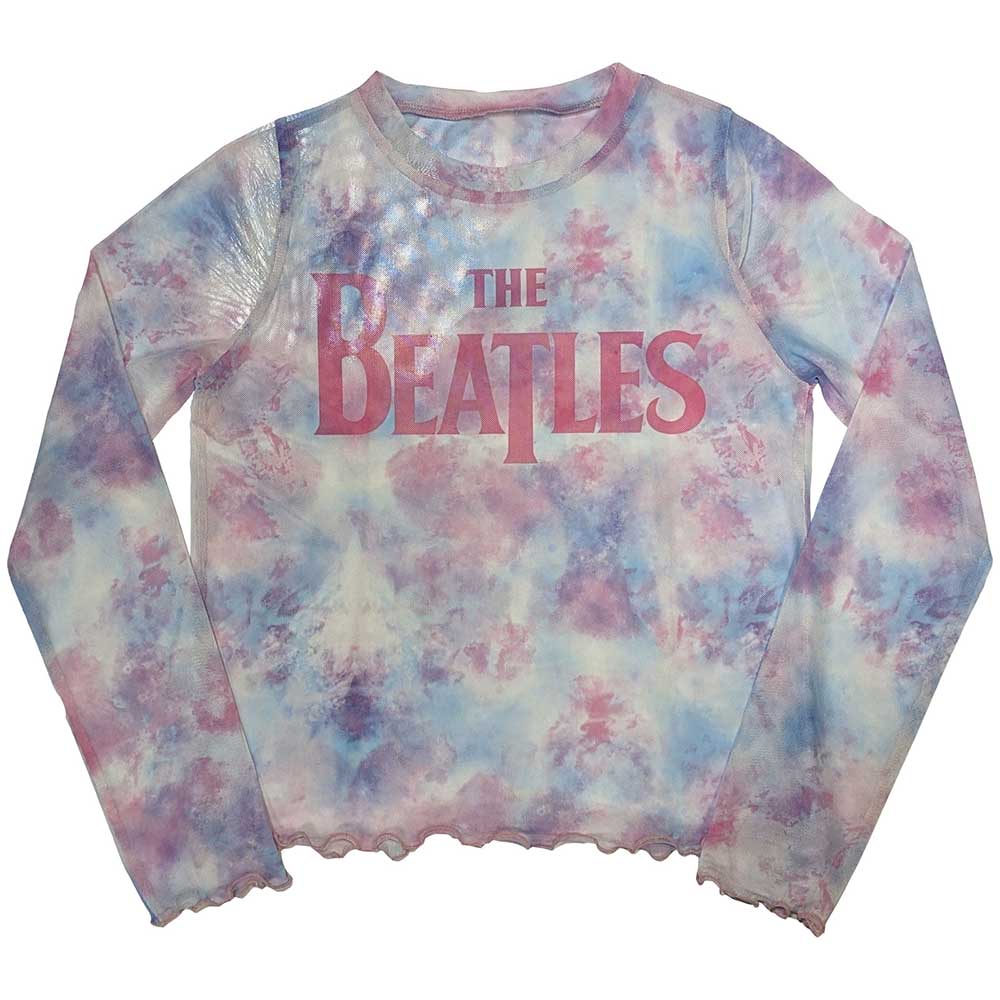 The Beatles Ladies Long Sleeve Crop Top Drop T Logo - White