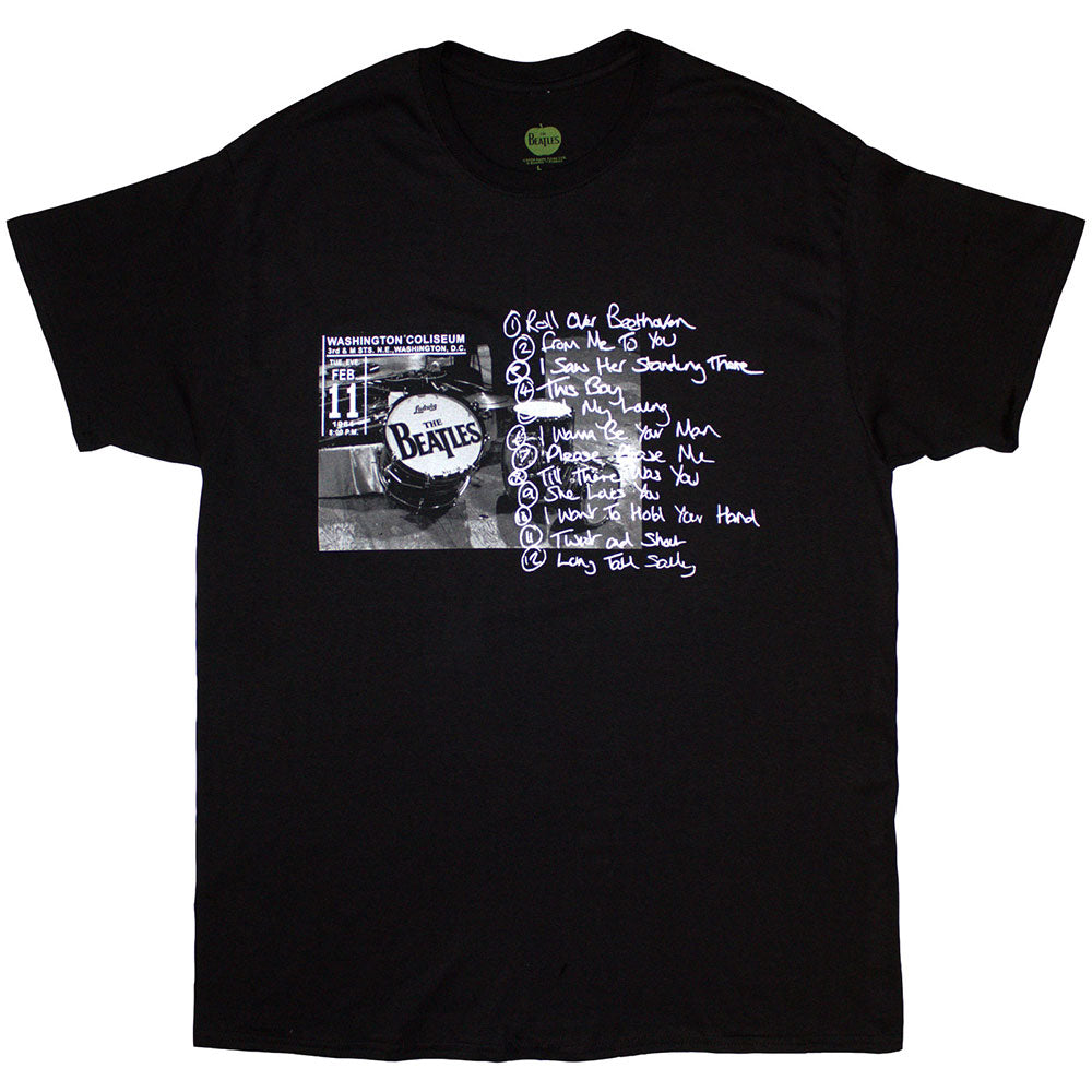 The Beatles Unisex T-Shirt Washington '64 Drum Photo & Setlist - Black