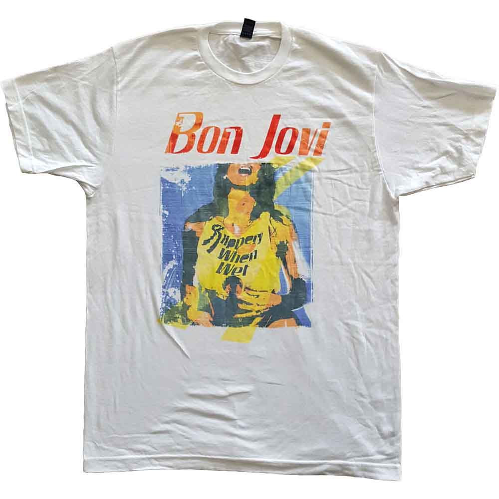 Bon Jovi Unisex T-Shirt Slippery When Wet Original Cover - White