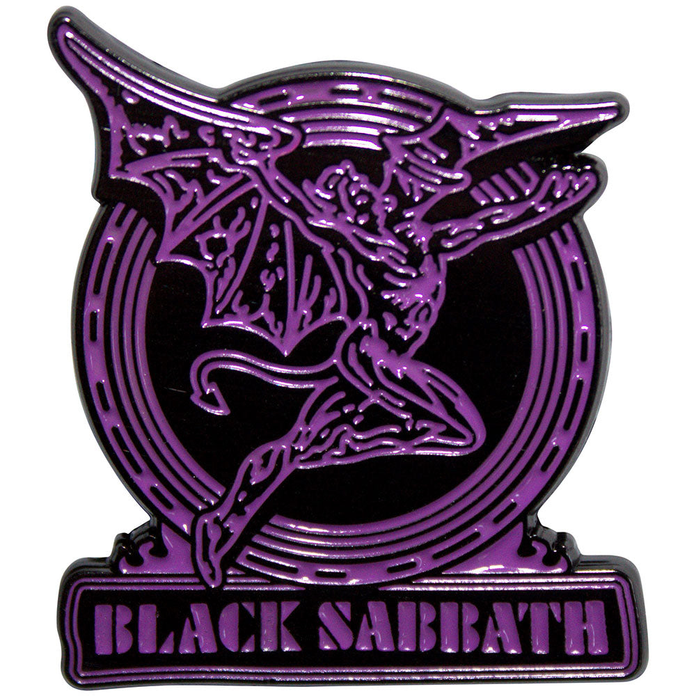 Black Sabbath Pin Badge Purple Text Logo & Daemon