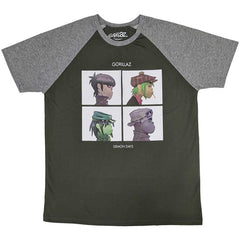 Gorillaz Unisex Raglan T-Shirt Demon Days - Khaki Green & Grey