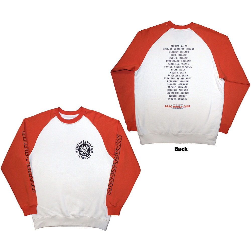 Bruce Springsteen Unisex Raglan T-Shirt Tour '24 Wheel - White & Orange