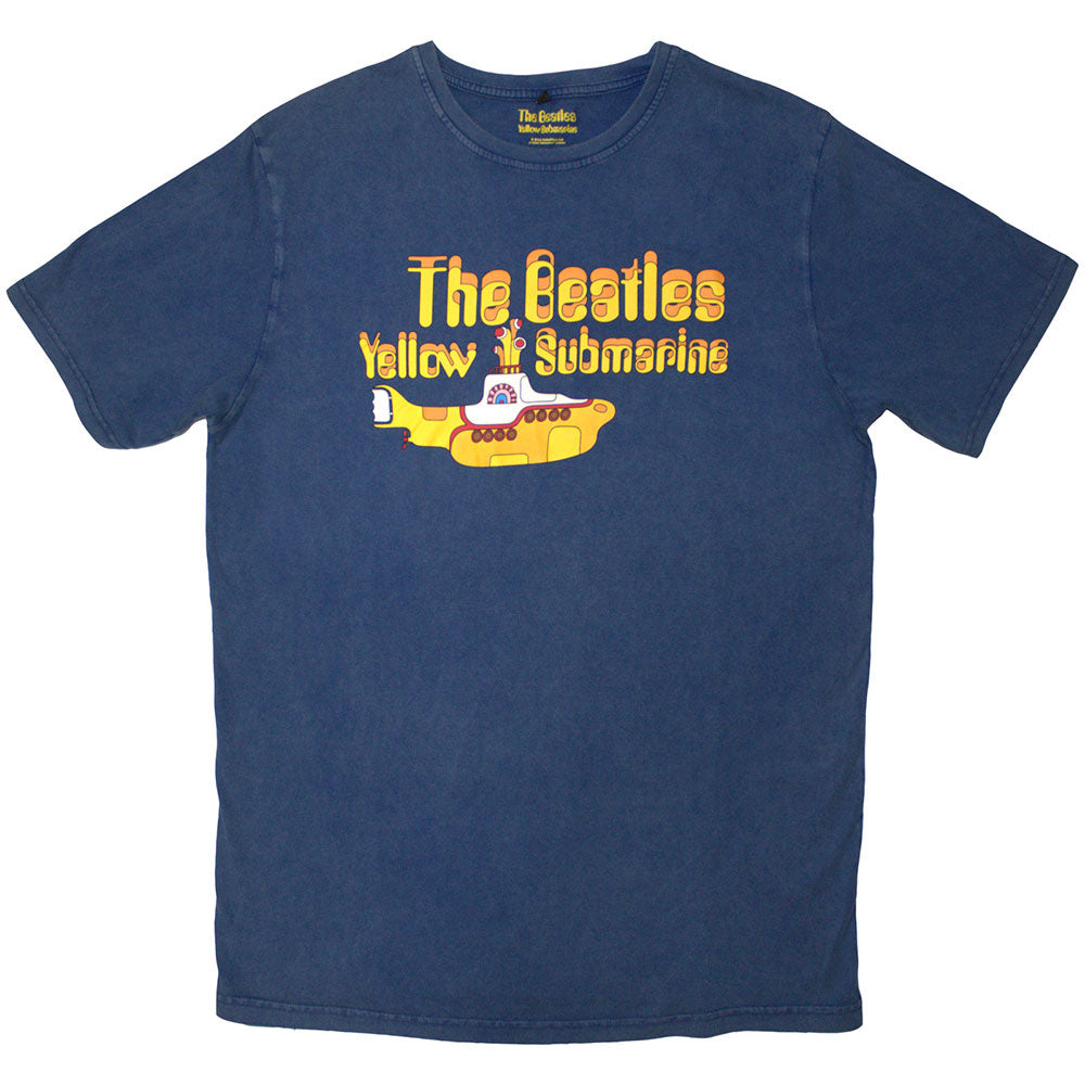 The Beatles Unisex Stone Wash T-Shirt Logo & Sub - Denim Blue